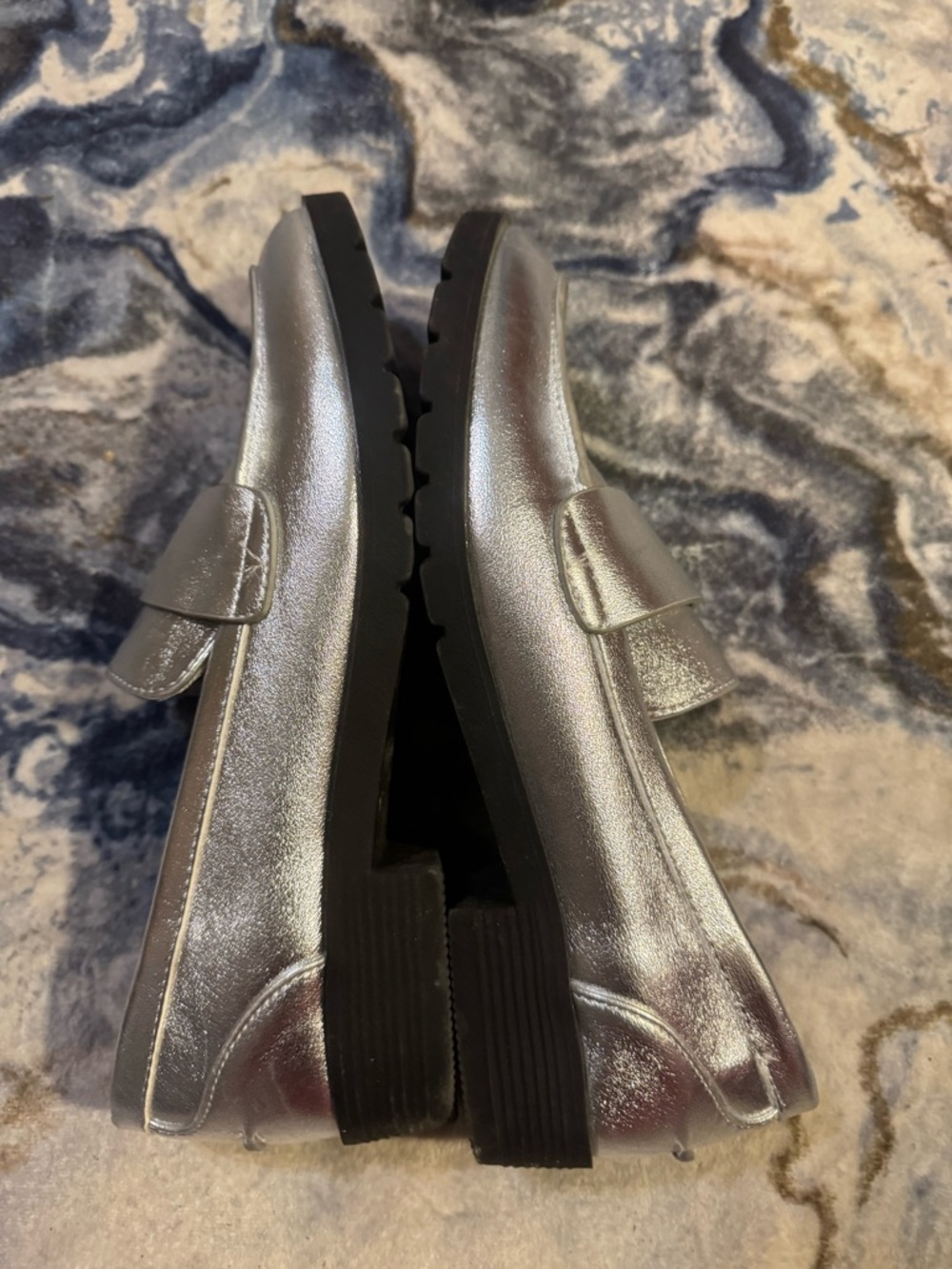 Kenneth Cole Reaction Silver Penny Loafers with Black Lug Sole